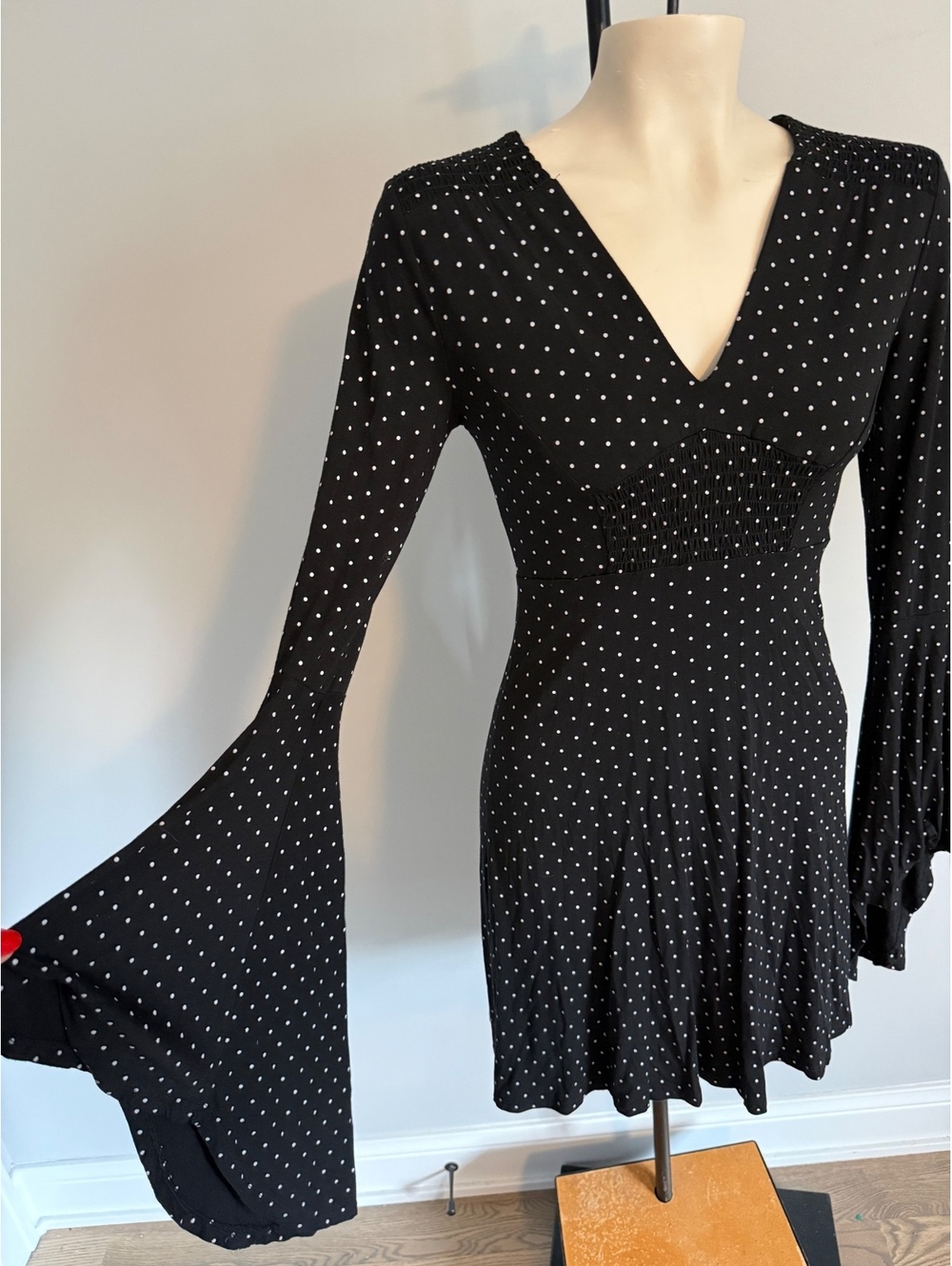 Venus Black Polka Dot Long Sleeve Dress with Flared Sleeves, Size XS - Picture 7 of 11